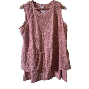 LOGO Lori Goldstein Twin Set Large Coral Pink Embroidered Top & Tank 2pc